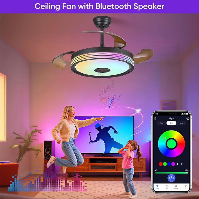 FIDGRA 48'' Retractable Ceiling Fan with Light, Bluetooth Modern Ceiling Fans with Speaker, RGB LED Lights, 6 Speeds, Reversible Motor for Bedroom, Living Room, Party-Black