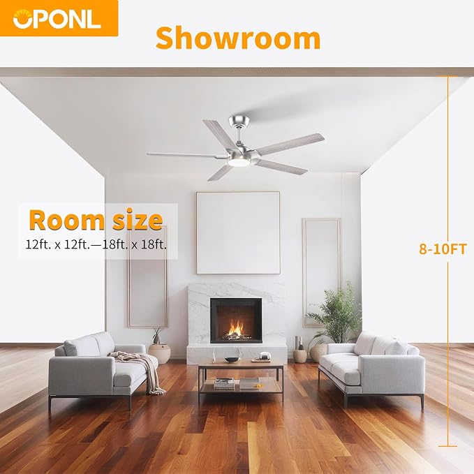 OPONL Ceiling Fan with Light, Ceiling fan with Light and Remote Control, Reversible, 6CCT, Dimmable, Noiseless, Ceiling Fan for Bedroom, Indoor/Outdoor Use, Nickel, 52 inch, Modern
