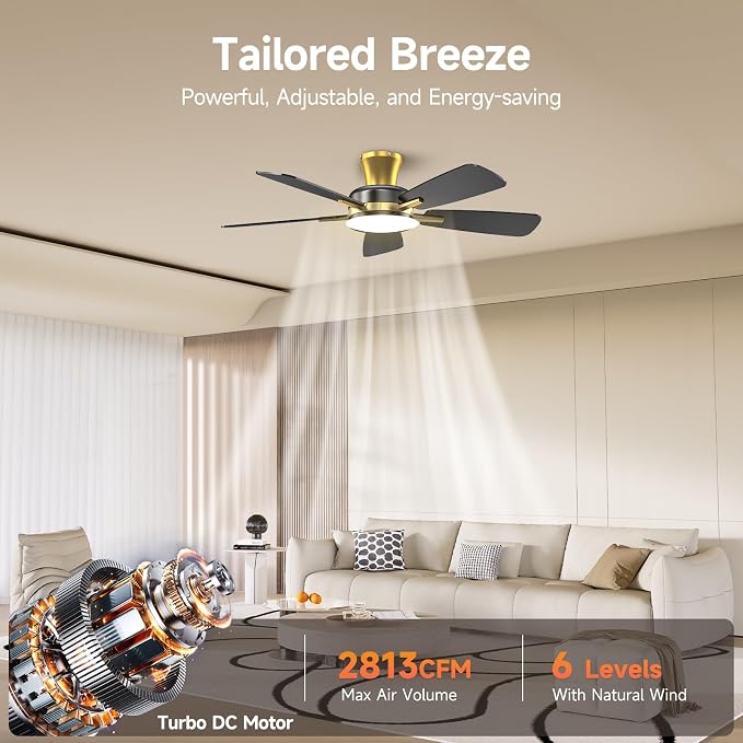 TALOYA Ceiling Fans with Lights and Remote, 46 Inch Low Profile Ceiling Fan with Light, Flush Mount, Reversible, 3CCT, Dimmable Modern Ceiling Fan for Bedroom, Living Room, Outdoor Patio, Black Gold