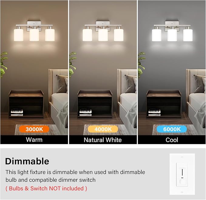 FonmYim Brushed Nickel Bathroom Light Fixtures, 3-Light Modern Vanity Light Over Mirror, Wall Sconces with Milky White Frosted Glass Shades, E26 Socket (Bulbs Not Included)