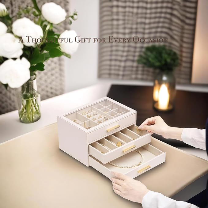 VLANDO 3-Drawer Jewelry Box with Glass Lid, Faux Leather Organizer for Rings Earrings Necklaces and More, Gift-Ready Jewelry Case for Women Girls or Moms, Pink Beige