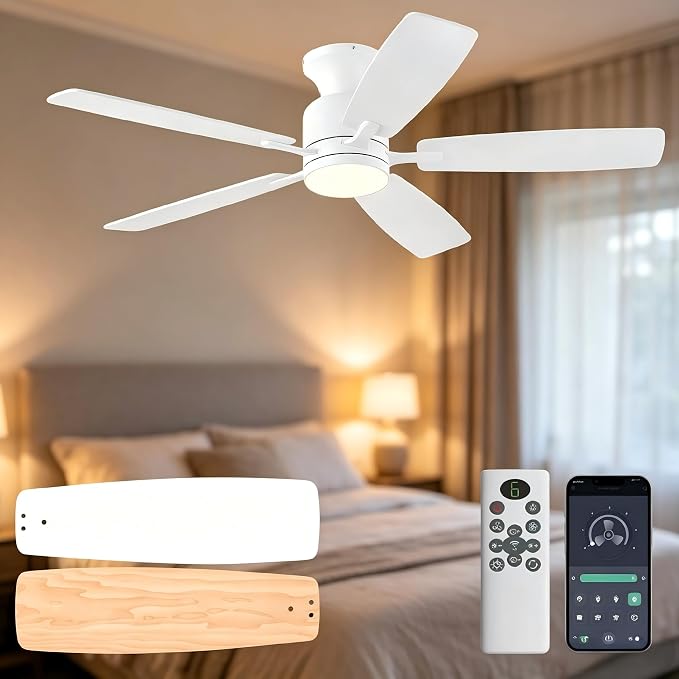 KNUN 52 Inch Flush Mount White Ceiling Fan with Light, Remote Control Ceiling Fan with Light, 6‑Speed Reversible Ceiling Fans with Lights, Quiet DC Motor 3CCT Dimmable Ceiling Fan for Indoor