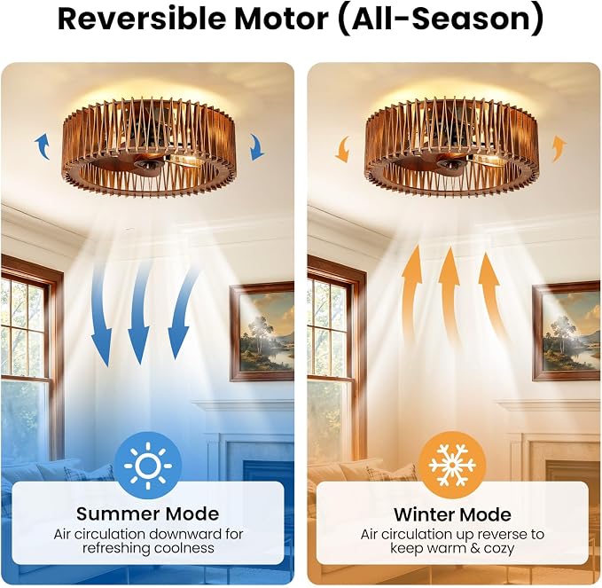 20" Flush Mount Caged Ceiling Fan with Light, Farmhouse Low Profile Ceiling Fan with Remote, Wooden Fandelier 6 Speed Quiet DC Motor, Reversible Chandelier Ceiling Fan for Bedroom Kitchen Living Room