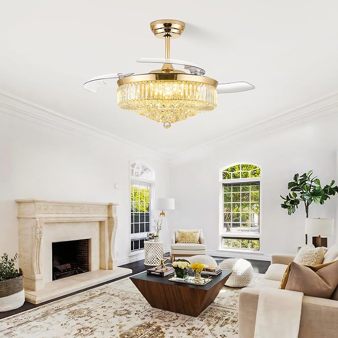 52 Inch Fandelier Ceiling Fan with Light, Chandelier Ceiling Fan for Bedroom Living Room, 3 Color Temperature, 6 Wind Speed. Reversible Motor, Memory Function-Gold