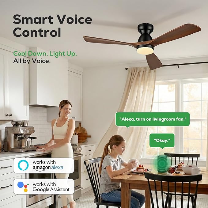 52in Smart Flush Mount Ceiling Fans with Lights,Outdoor Low Profile Wood Ceiling Fan Quiet DC Motor,Work with Alexa/Gg Voice Control/App/Remote,Dimmable,6-speed,3 Wood blades Fan for Patio,Dark Walnut