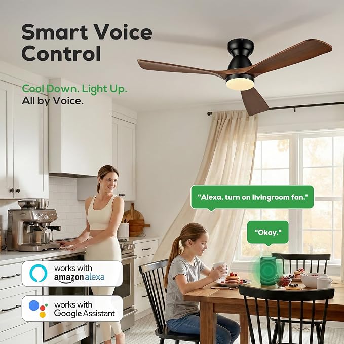 60in Smart Flush Mount Ceiling Fans with Lights,Outdoor Low Profile Ceiling Fan Quiet DC Motor,Work with Alexa/Gg Voice Control/App/Remote,Dimmable,6-speed,3 Wood blades Fan for Patio,Dark Walnut