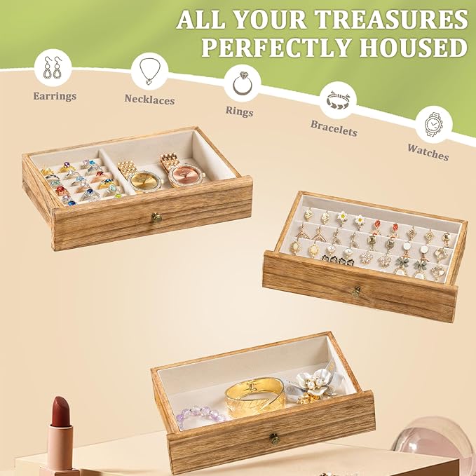 Jewelry Box Organizer, Rustic Wooden Jewelry Boxes for Women Girls, Large Storage Earring Holder Organizer Display for Earrings Necklaces Rings Bracelets (Rustic Brown)