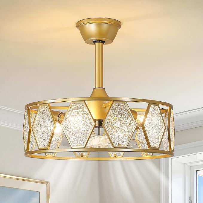 Crystal Caged Ceiling Fans Lights: 18.9'' Farmhouse Fandelier Ceiling Fan with Remote 6 Speeds Gold Semi Flush Mount Industrial Chandelier Modern Low Profile Ventilador de Techo for Bedroom Kitchen