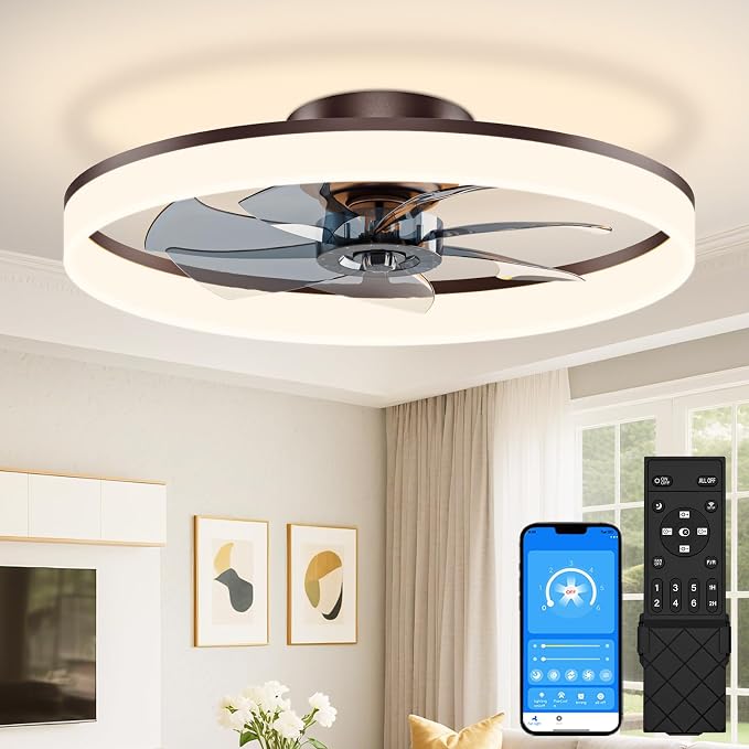 VOLISUN Low Profile Ceiling Fans with Lights and Remote, 24in Fandelier Ceiling Fan Flush Mount, 3000K-6500K Smart Bladeless LED Fan Light, Brown Modern Ceiling Fans with Lights for Bedroom