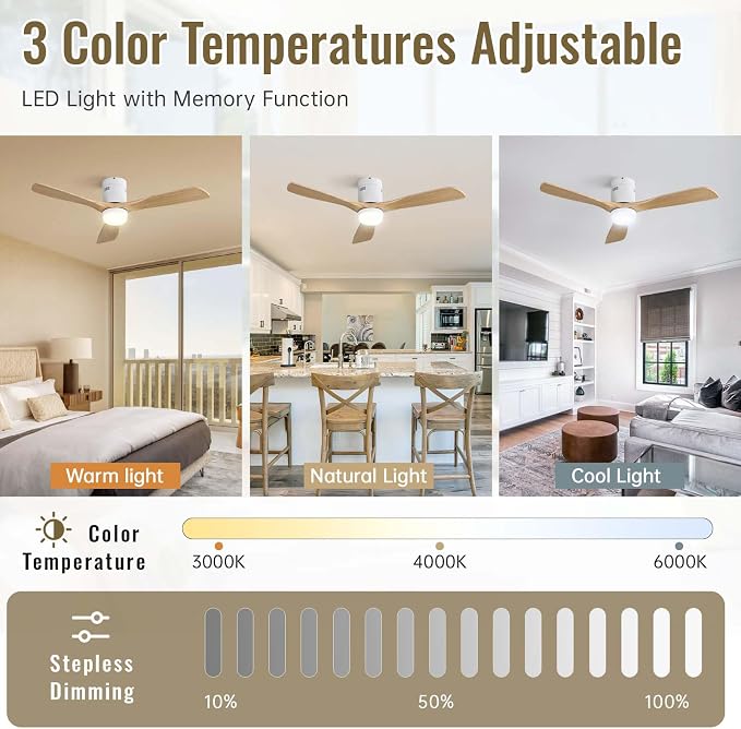 Sofucor 52 Inch Ceiling Fans with Lights, Solid Wood Ceiling Fan with Light Remote Control, Flush Mount Indoor/Outdoor Ceiling Fans, Reversible DC Motor, 3 Blade Ceiling Fan Light for Bedroom Patio
