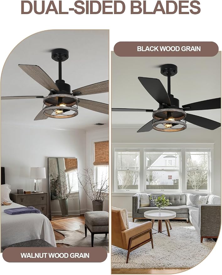 52 Inch Farmhouse Ceiling Fan with Light and Remote Rustic Ceiling Fan Quiet and Reversible DC Motor Industrial Drum Chandelier Fan for Living Room Bedroom Patio