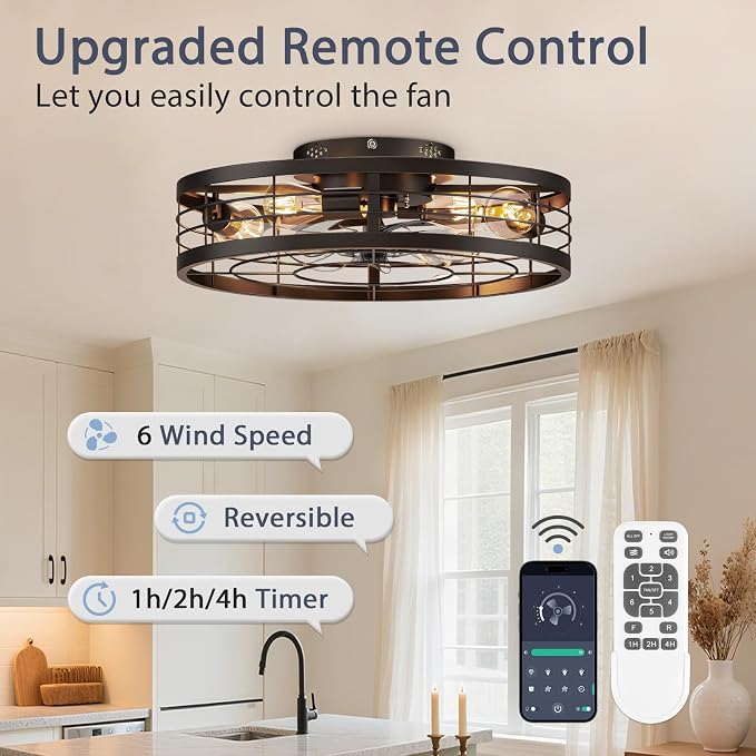 VOLISUN Caged Ceiling Fan with Light and Remote,19.7 inch Fandelier Ceiling Fan with Light Flush Mount, Farmhouse Bladeless Ceiling Fans with Lights for Kitchen,Bedroom