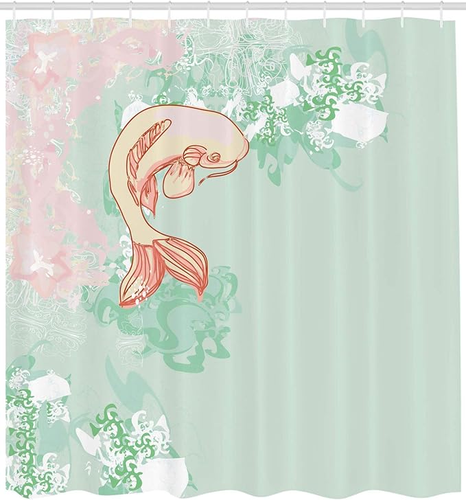 Ambesonne Japanese Shower Curtain, Pastel Colors Folk Koi Longfin Gurnard Fish Swimming Pale Complex Sea Backdrop Asian Art Image, Cloth Fabric Bathroom Set with Hooks, 69" W x 70" L, Pale Green Pink