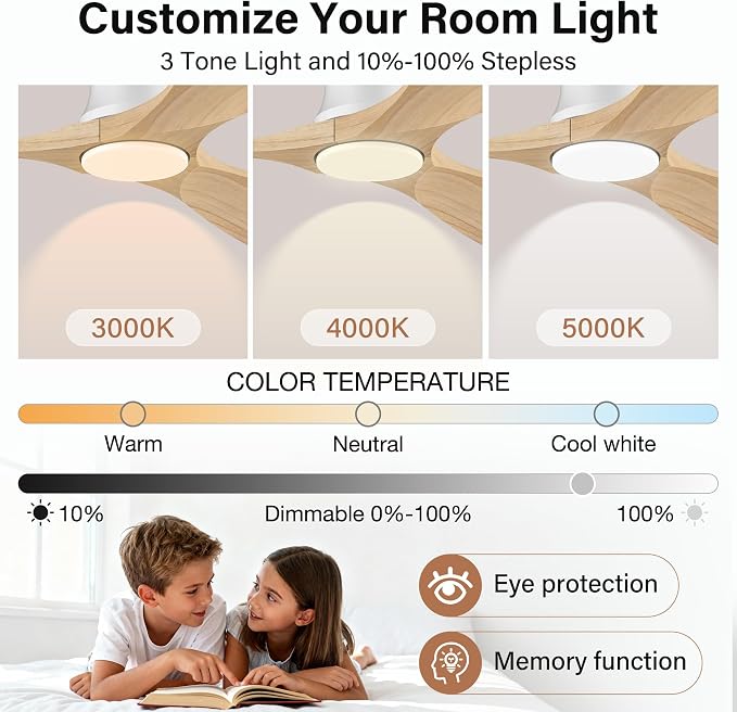 52" Flush Mount Ceiling Fans with Lights and Remote,6 Speeds DC Reversible,Dimmable,Noiseless,White& Light Wood blades Low Profile Ceiling Fans for Bedroom Living Room Patio,Modern Indoor/Outdoor