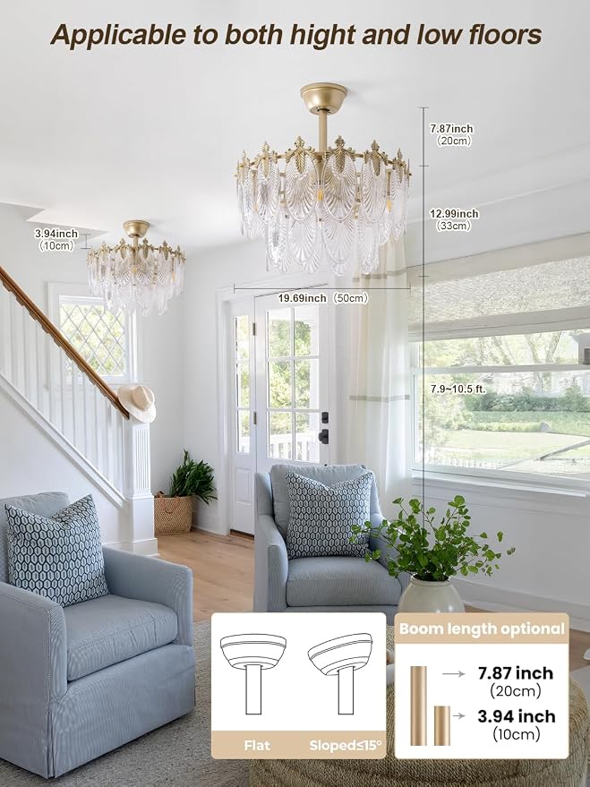 20" Gold Fandelier Ceiling Fan with Light, Gold Crystal Chandelier Ceiling Fans with Lights and Remote Control, Mid Century Enclosed Caged with 6 Speeds for Bedroom, Nursery, Living Room