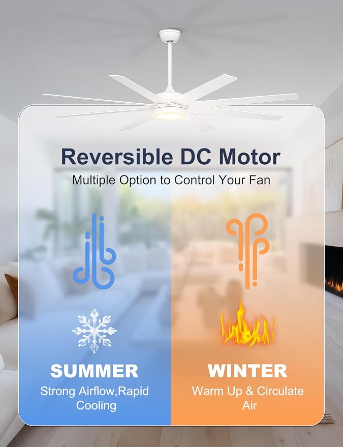 72'' White Large Ceiling Fan with Lights for Indoor/Covered Outdoor | Remote/APP Control, 3CCT Dimmable, Quiet DC Motor, Reversible Airflow, 8 Blades Modern Big Overhead Fan for Patio Living Room
