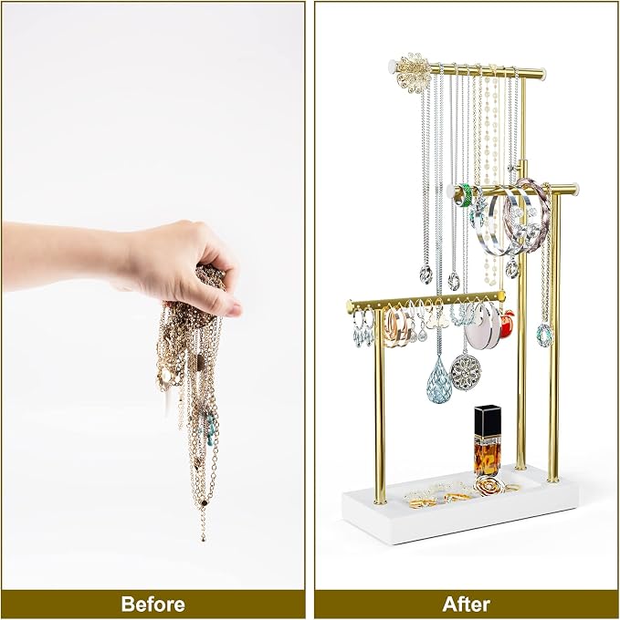 SRIWATANA Jewelry Organizer Display Extra Tall Necklace Holder 3 Tier Jewelry Tree Stand, Gift Idea (White & Gold) | Modern Luxury Jewelry Tree with Wood Base Tray; Ideal to Organize Long Necklaces, Earrings, Rings