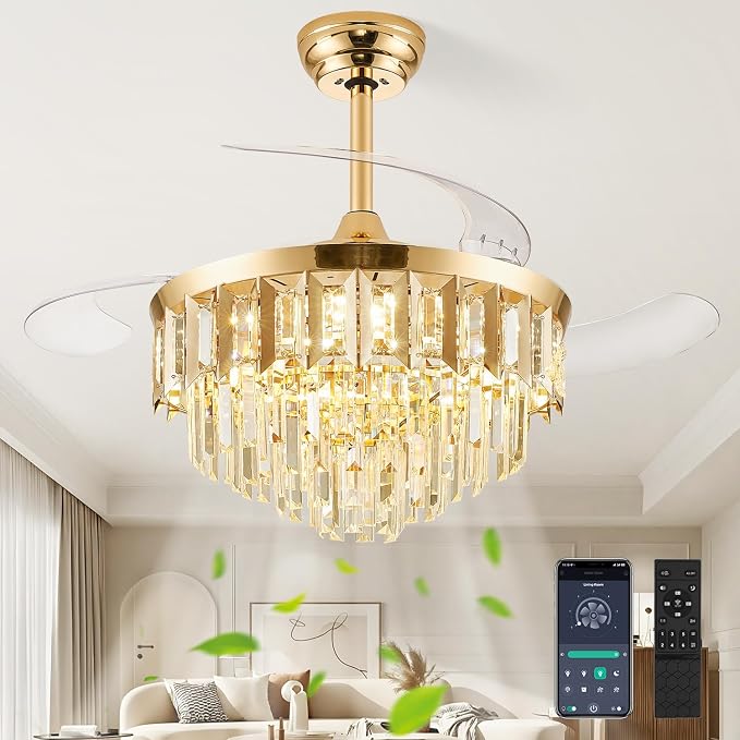 TXCSLY 42" Fandelier Ceiling Fan with Light, Crystal Chandelier Fan with Retractable Blades Dimmable Crystal Ceiling Fan Chandelier for Bedroom Living Room Dining Room-Gold