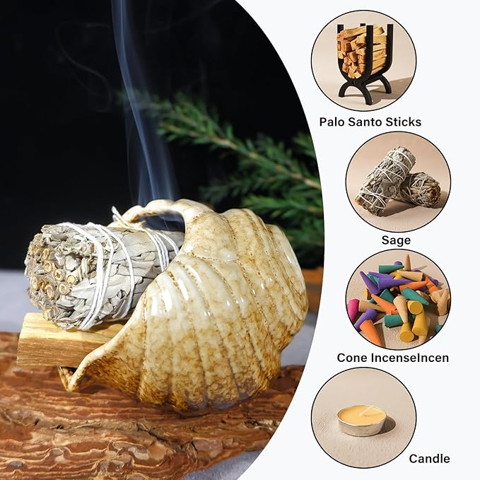 MOUGIGI Mini Conch Chiminea Palo Santo Burner - Ceramic Smudging Bowl/Incense Chimney Works with Palo Santo Sticks/Sage/Copal,Tabletop Altar, Thoughtful Gifts for Meditation, Yoga, Aromatherapy