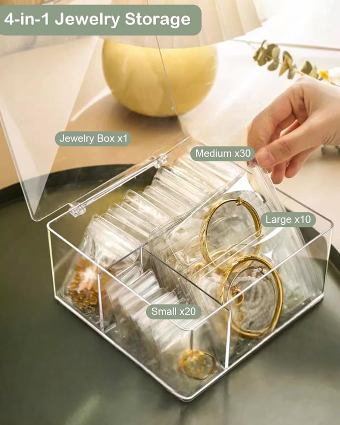 HomePekite 4 In 1 Acrylic Jewelry Organizers and Storage with 60 Portable Anti Tarnish Jewelry Bags, Clear Jewelry Box Organizer, Travel Jewelry Case for Earrings/Rings/Necklaces for Women Girls