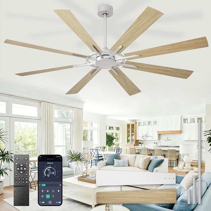 Large Ceiling Fan No Light: Modern 72 Inch 8 Blade Outdoor Ceiling Fans with Remote APP Control - Wood Big Fan without Light Indoor Reversible 6 Speed Quiet DC Motor