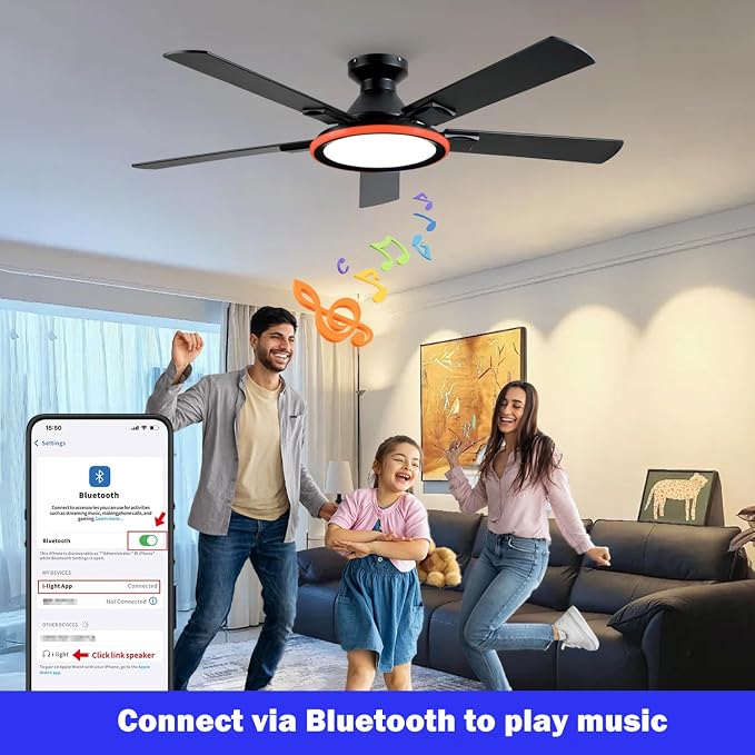 52" Ceiling Fans with Lights,Flush Mount Ceiling Fan with Light and Remote/App Control,Bluetooth Ceiling Fan with Speaker,6-Speed Reversible Motor,Full-Spectrum Adjustable Lighting,Edge Ambient Lights