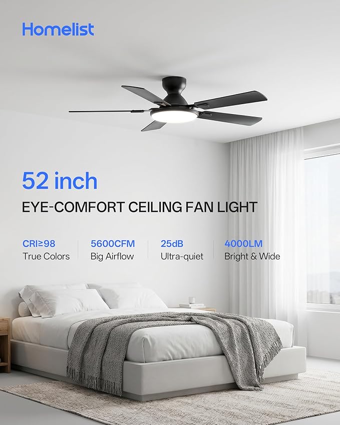 Homelist Ceiling Fans with Lights 52 Inch, Low Profile Flush Mount Fan, Quiet 6 Speeds DC Reversible Motor, 3CCT Dimmable LED, Remote Control for Living Room, Bedroom, Kids Room, Matte Black