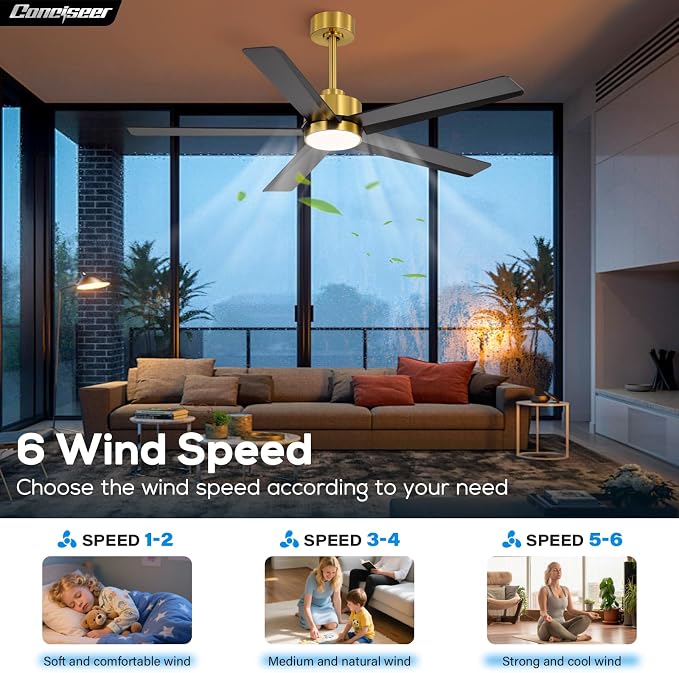 Conciseer 52 Inch Ceiling Fans with Lights and Remote for Bedroom Living Room Kitchen Office, Indoor/Outdoor Use, 3CCT Dimmable, 5 Blades 6 Speed Reversible Quiet DC Motor, Gold/Black