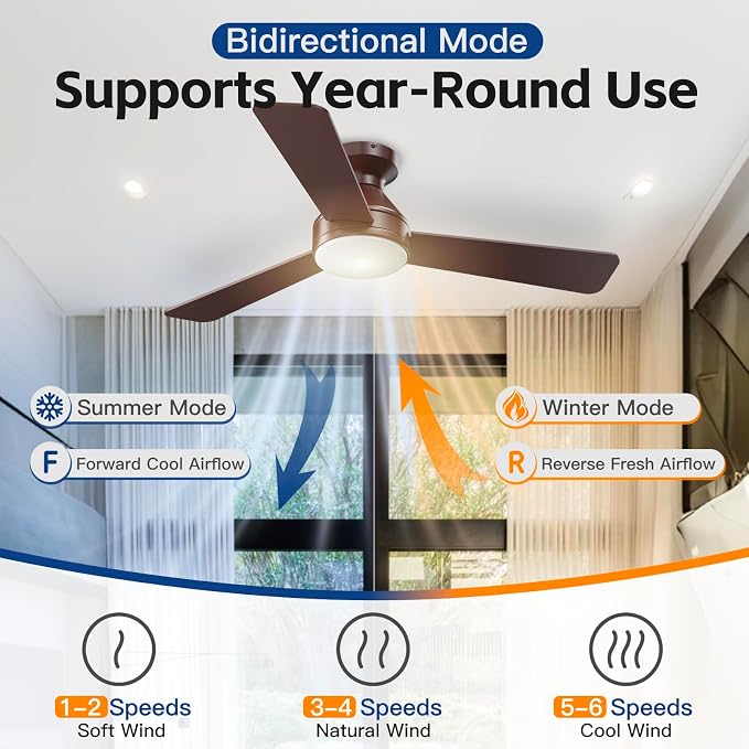 Ceiling Fans with Lights, 42 Inch Ceiling Fan with Light And Remote, 3CCT Flush Moun Low Profile Ceiling Fans, 6 Speed Noiseless LED Ceiling Fan, Advanced Brown Ceilings Fan for Bedroom Living Room