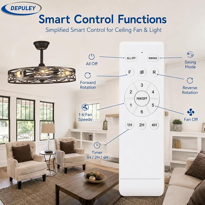 Depuley Caged Ceiling Fans with Light: 24-Inch Bronze Metal Enclosed Farmhouse Fandelier for Kitchen Bedroom - Industrial Semi Flush Mount Ceiling Fan with Remote 6 Speeds Reversible Motor Timer