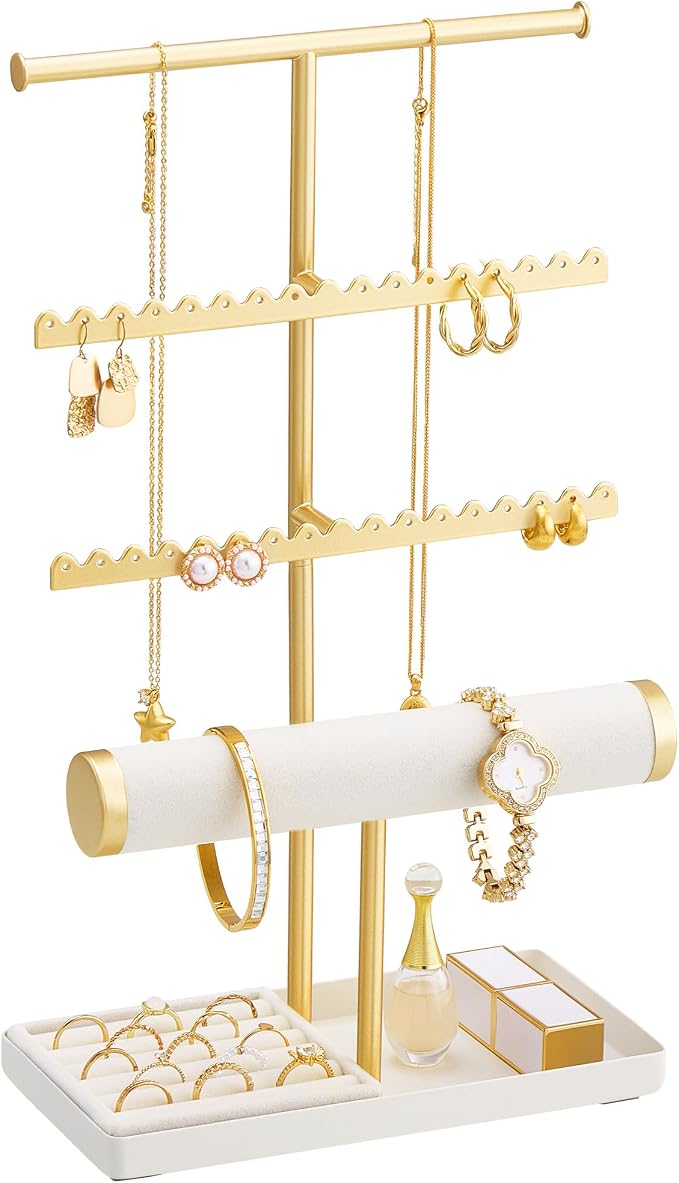 Lolalet Jewelry Organizer Stand, Necklace Bracelet Holder -Gold | Space-Saving Jewelry Display Storage Rack on Vanity Dresser for organizing Earrings Bangels Rings
