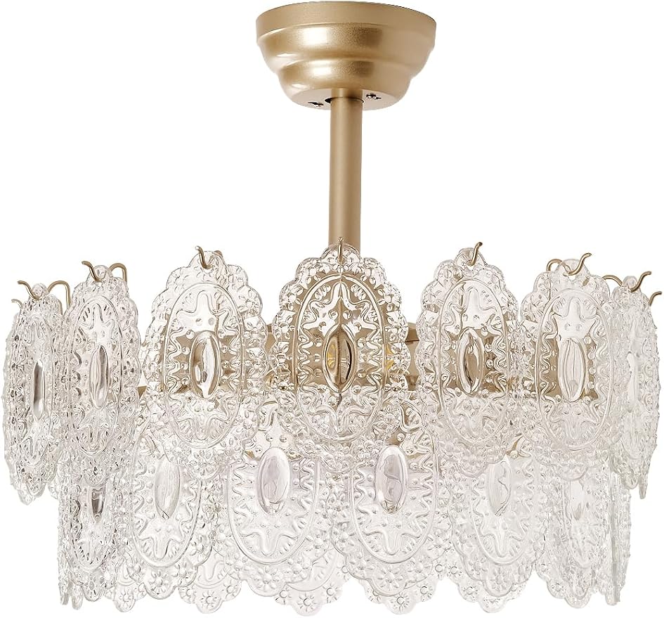 20" Gold Fandelier Ceiling Fans with Lights, Crystal Chandelier Ceiling Fans with Lights Remote Control, Mid Century French Caged Fandelier with 6 Speeds for Bedroom, Living Room