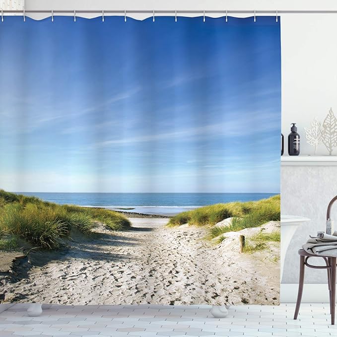 Ambesonne Ocean Shower Curtain, Path to The Ocean Sky Sandy Seaside Shore Getaway Relaxing Summertime, Cloth Fabric Bathroom Decor Set with Hooks, 69" W x 84" L, Brown Sky