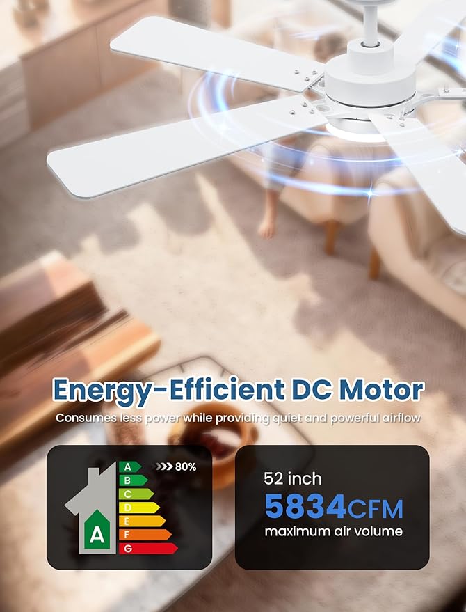 52 Inch Ceiling Fan with Lights and Remote, Downrod Mount, Sloped Ceiling Compatible up to 15°, Quiet Reversible DC Motor, 3CCT Dimmable LED, White Ceiling Fan for Bedroom Living Room