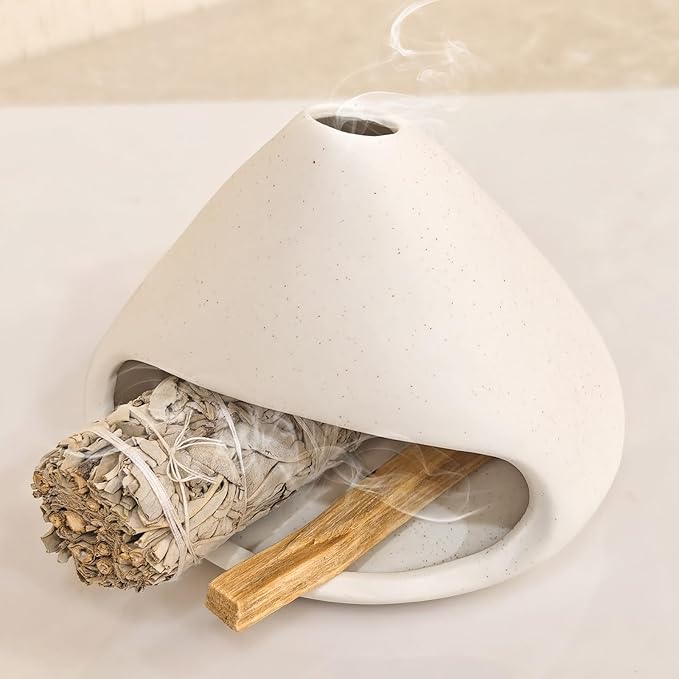 Yawlsow Palo Santo Holder Burner, Charcoal Bakhoor Incense Burner,Smudge Bowl,Sage Holder,Ash Catcher for Meditation Zen Decor (White)