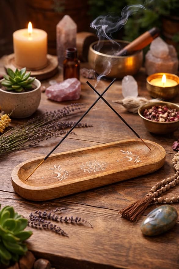 Handcrafted Wooden Incense Holder Inlay with Boat Shape Design Agarbatti Dhoop Stand Spiritual Mandala Lotus Design Home Décor Indian Traditional Meditation Pooja Use(brown )(Size :-11"X 4")