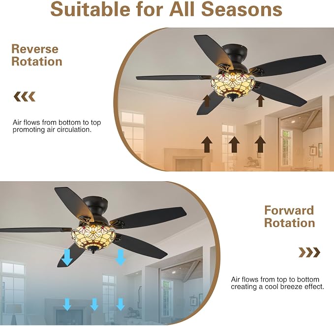 Tiffany Ceiling Fans with Lights - 52" Ceiling Fan Chandelier with 5 Dual-Blades and Glass Shade, 6 Speeds and Reversible, Indoor and Outdoor, Retro Style