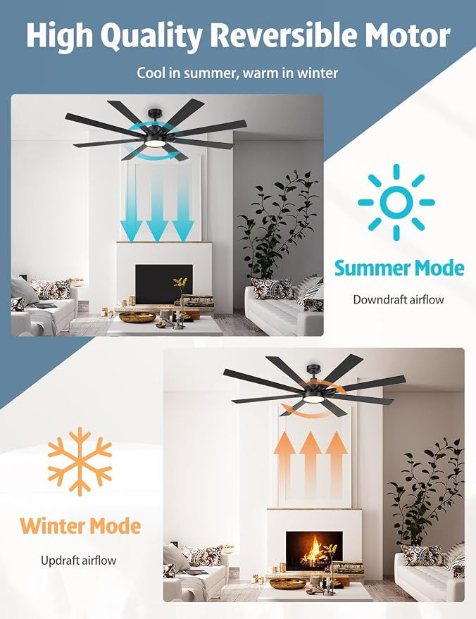 72 Inch Large Ceiling Fans with Lights and Remote - Wood/Matte Black Ceiling Fan, Quiet DC Motor, 3 CCT, Modern Dimmable LED Lighting & Large Ceiling Fans for Living Room Patio, Indoor/Outdoor
