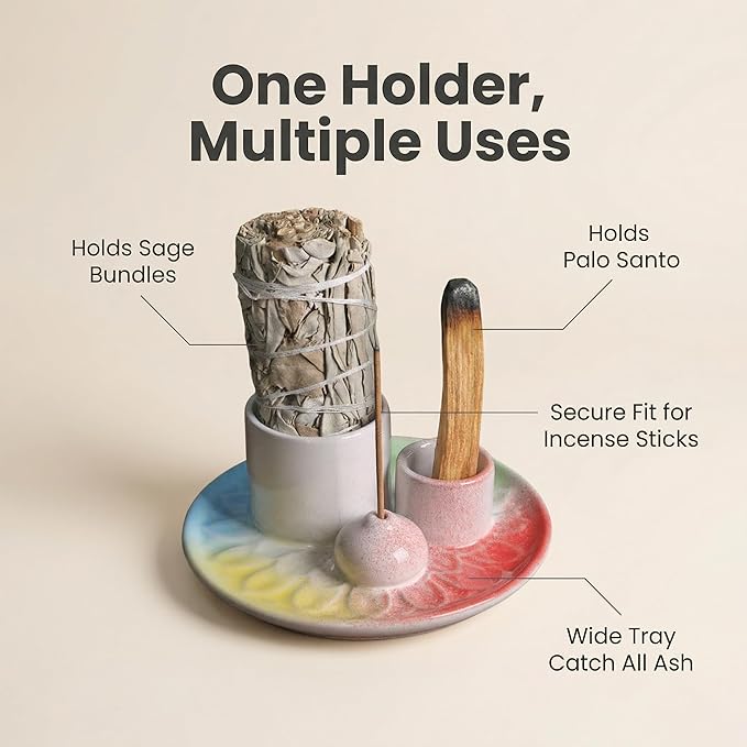 Palo Santo Sticks Holder, Multi-Purpose Handmade Ceramic Incense Burner for Palo Santo Incense Sticks, Sage Holder for Burning, Ash Catcher Tray for Meditation Yoga Room-4 Mixed Colors