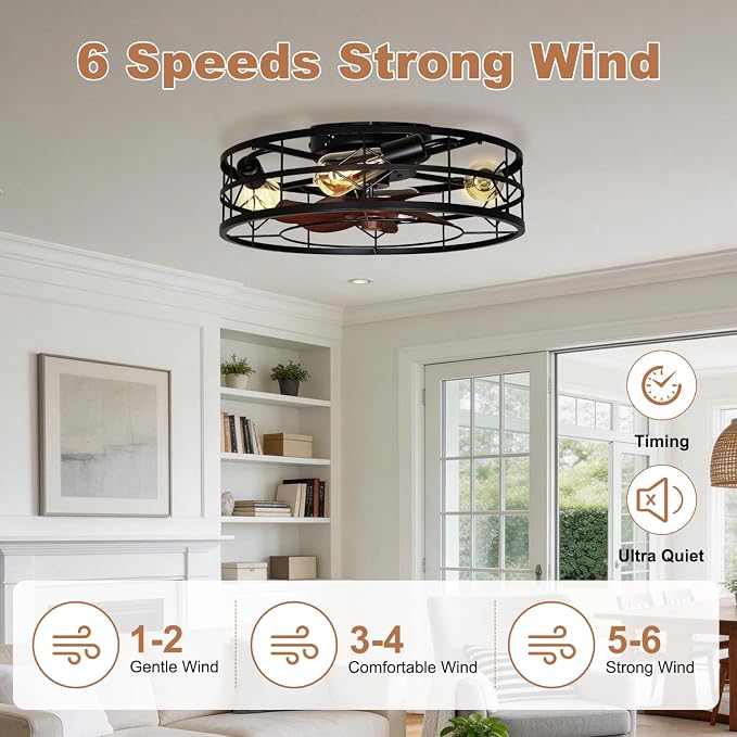 TCL 20 Inch Caged Ceiling Fans with Lights and Remote, Fandelier Ceiling Fan,Low Profile Flush Mount Fandelier, Rustic Farmhouse Style for Kitchen,Bedroom,Living Room,Easy to Install
