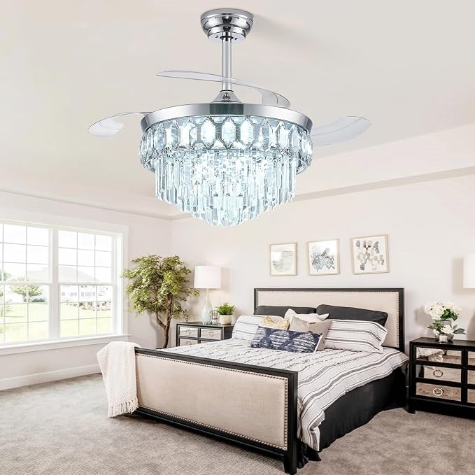FIDGRA 42 Inch Fandelier Ceiling Fan with Light, Retractable Ceiling Fan with Lights Chandelier Fan for Bedroom, Living Room, 3 Color Temperature, 6 Wind Speed-Chrome