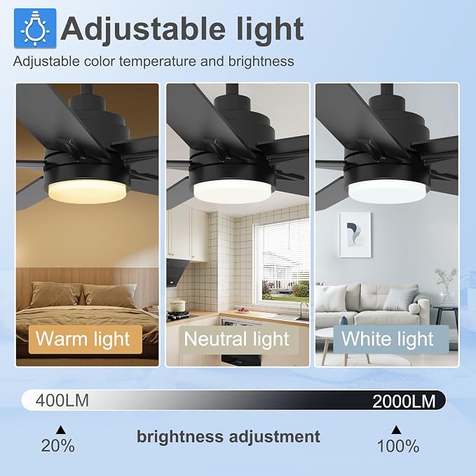 52 Inch Black Ceiling Fan with Light and Remote Control,Dimmable 3 Color Temperatures LED Ceiling Fan,6 Speeds Reversible DC Motor,5 Blades Modern Ceiling Fans for Indoor or Covered Outdoor