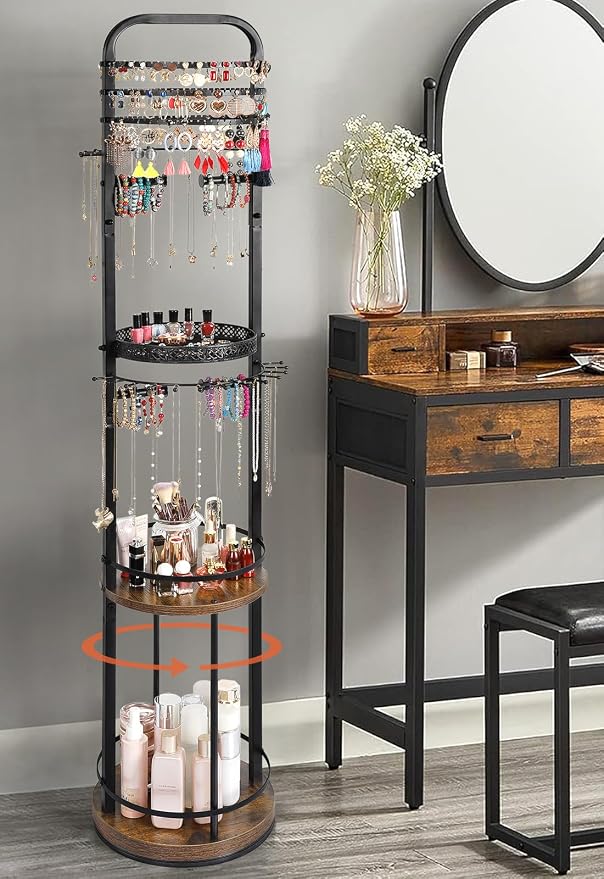 Jewelry Holder Organizer, Floor Jewelry Organizer with Earring Organizer Necklace Holder, Rotating Jewelry Stand Necklace Display Earring Storage, Large Hanging Jewelry Tree for Jewlery Bracelet Ring