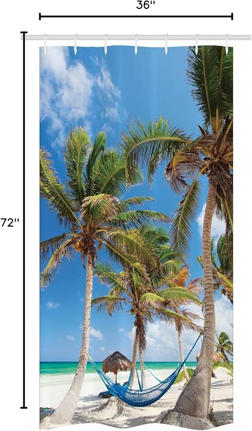 Ambesonne Beach Stall Shower Curtain, Hammock Palm Trees and Sand Sunny Beach Scenery Vacation Image, Fabric Bathroom Decor Set with Hooks, 36" W x 72" L, Coconut Green