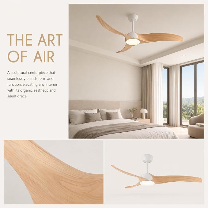 52 inch Ceiling Fan with Light, White/Wood Reversible Blades | Modern Low Profile Flush Mount, 3-Speed Reversible DC Motor, Dimmable 3-Color LED, Remote Control for Bedroom Living Room