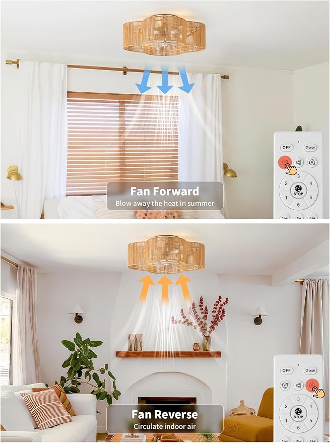 Boho Ceiling Fans with Lights, 20" Low Profile Ceiling Fan with Light Remote Control, Bladeless Flush Mount with 6 Speeds for Bedroom, Nursery, Living Room.