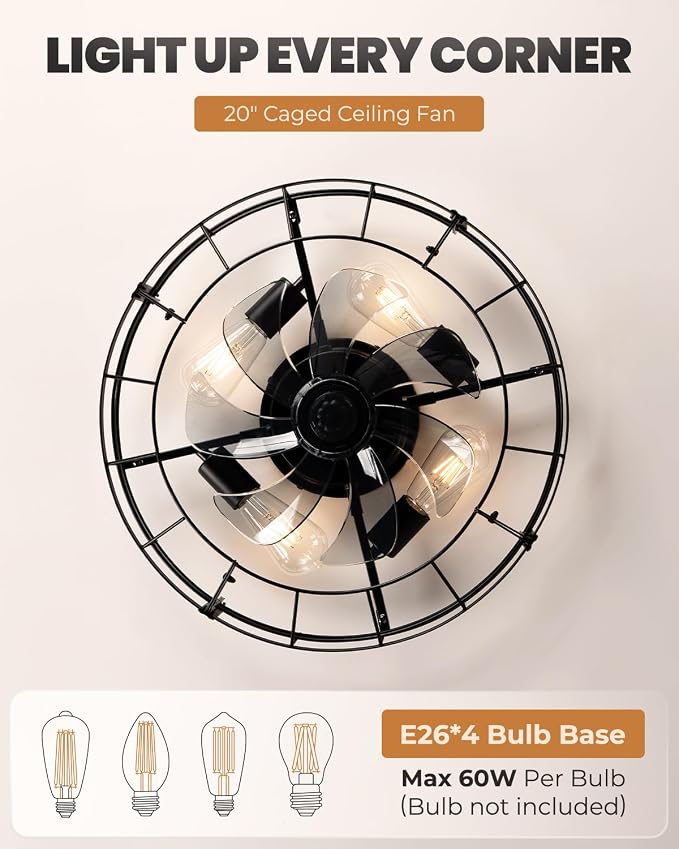 20 In Farmhouse Caged Ceiling Fan with Light and Remote, Bladeless Flush Mount Fan Lights Ceiling Fixtures, Need Assembly, 6 Speeds Reversible Motor Indooor Lights for House Kitchen, Bedroom, Black