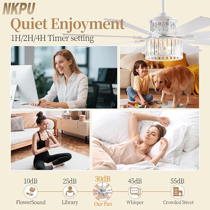 NKPU 52" Farmhouse Crystal Ceiling Fans with Lights and Remote, Chandelier Industrial Ceiling Fan with Dual 8 Blades, 6 Speed Reversible Motor, Timing, White Ceiling Fan for Living room, Bedroom
