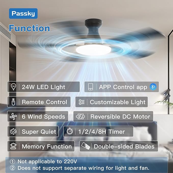 Passky Ceiling Fans with Lights, 52 inch Flush Mount Ceiling fan with Remote Control, Low Profile Ceiling Fan for Bedroom, Farmhouse, Reversible, 3CCT, Dimmable, Noiseless DC Motor, Black