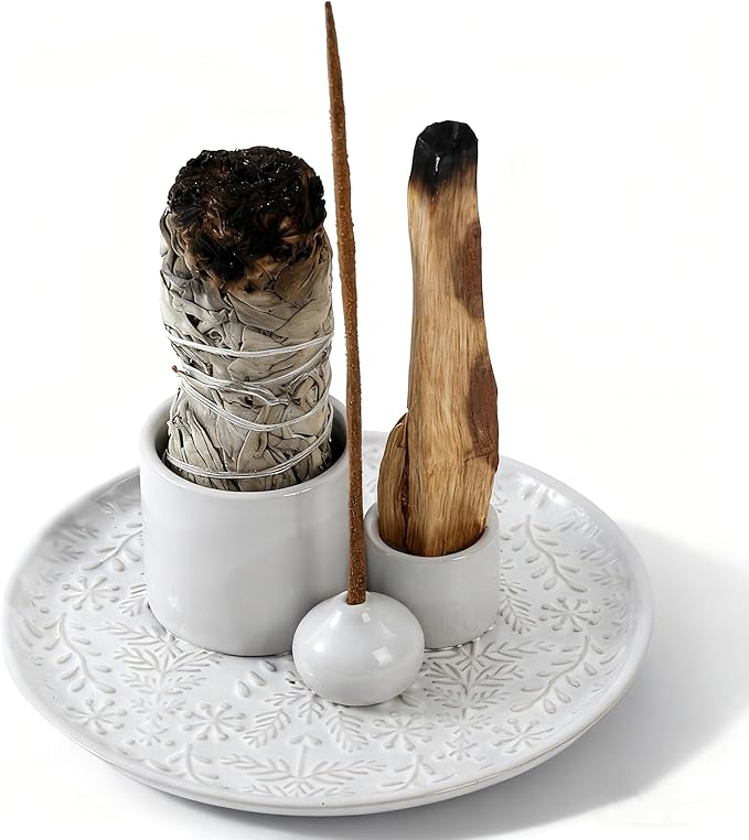 5 in 1 Incense Holder Burner, 5.9" Ceramic Holder for Burning Palo Santo Sage Candle and Incense Sticks Cones, Ash Catcher Tray for Meditation Room Home Décor (White)